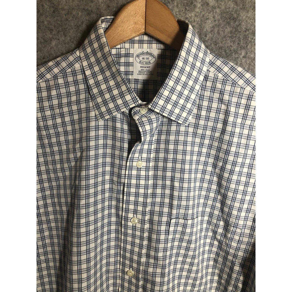 Brooks Brothers Shirt 16-32 Blue Check Supima Regent Non-Iron Career Classic